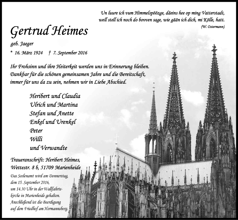  Traueranzeige für Gertrud Heimes vom 10.09.2016 aus Kölner Stadt-Anzeiger / Kölnische Rundschau / Express