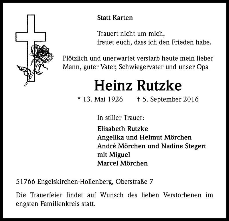  Traueranzeige für Heinz Rutzke vom 08.09.2016 aus Kölner Stadt-Anzeiger / Kölnische Rundschau / Express