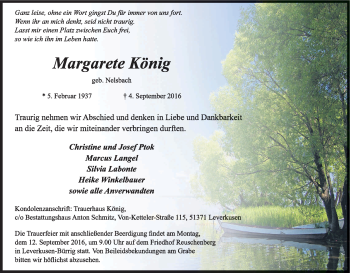 Anzeige von Margarete König von Kölner Stadt-Anzeiger / Kölnische Rundschau / Express