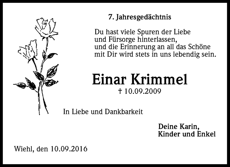  Traueranzeige für Einar Krimmel vom 10.09.2016 aus Kölner Stadt-Anzeiger / Kölnische Rundschau / Express