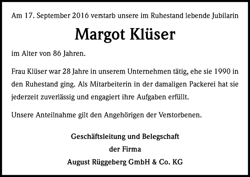  Traueranzeige für Margot Klüser vom 22.09.2016 aus Kölner Stadt-Anzeiger / Kölnische Rundschau / Express