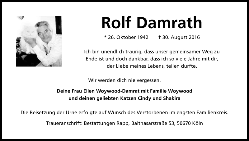  Traueranzeige für Rolf Damrath vom 17.09.2016 aus Kölner Stadt-Anzeiger / Kölnische Rundschau / Express