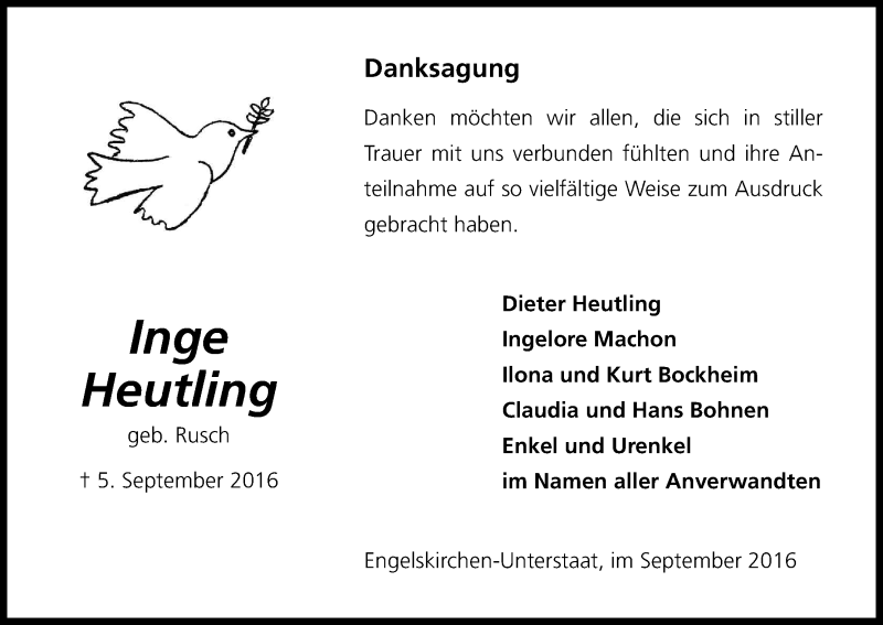 Traueranzeige für Inge Heutling vom 24.09.2016 aus Kölner Stadt-Anzeiger / Kölnische Rundschau / Express