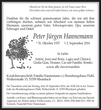 Anzeige von Peter Jürgen Hannemann von  Schaufenster/Blickpunkt 