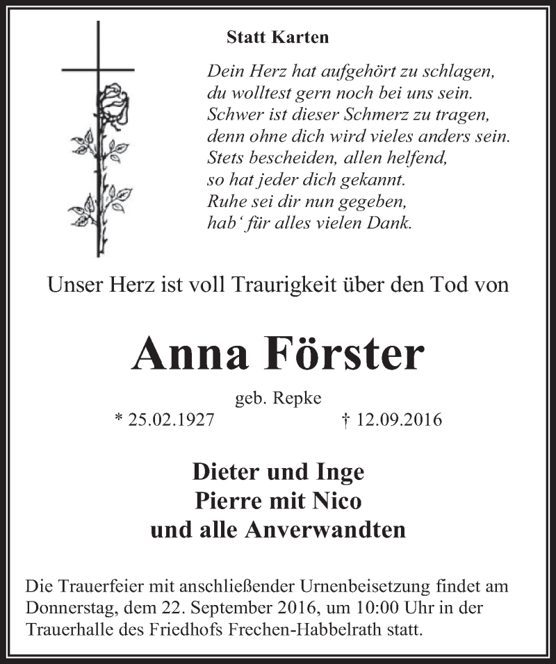  Traueranzeige für Anna Förster vom 17.09.2016 aus  Sonntags-Post 