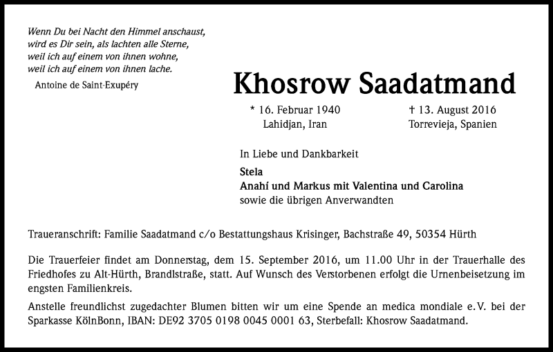  Traueranzeige für Khosrow Saadatmand vom 03.09.2016 aus Kölner Stadt-Anzeiger / Kölnische Rundschau / Express