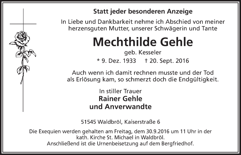  Traueranzeige für Mechthilde Gehle vom 28.09.2016 aus  Lokalanzeiger 