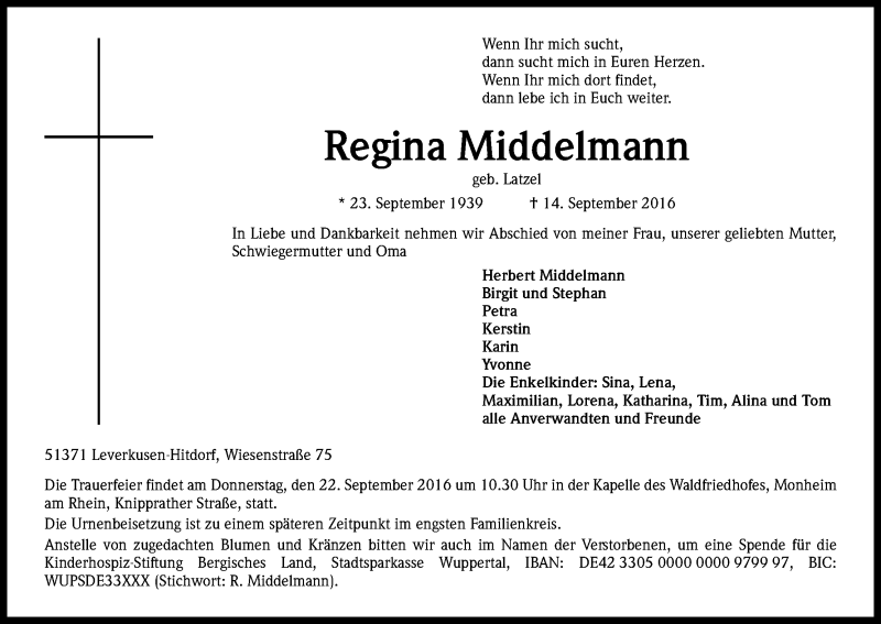  Traueranzeige für Regina Middelmann vom 17.09.2016 aus Kölner Stadt-Anzeiger / Kölnische Rundschau / Express