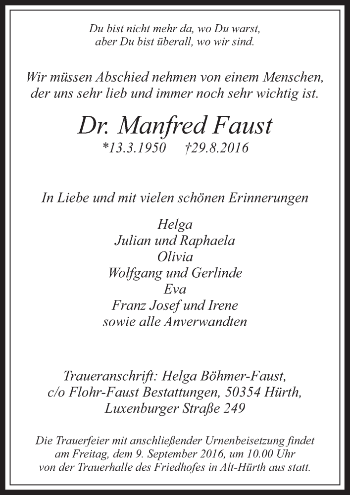  Traueranzeige für Manfred Faust vom 07.09.2016 aus  Wochenende 