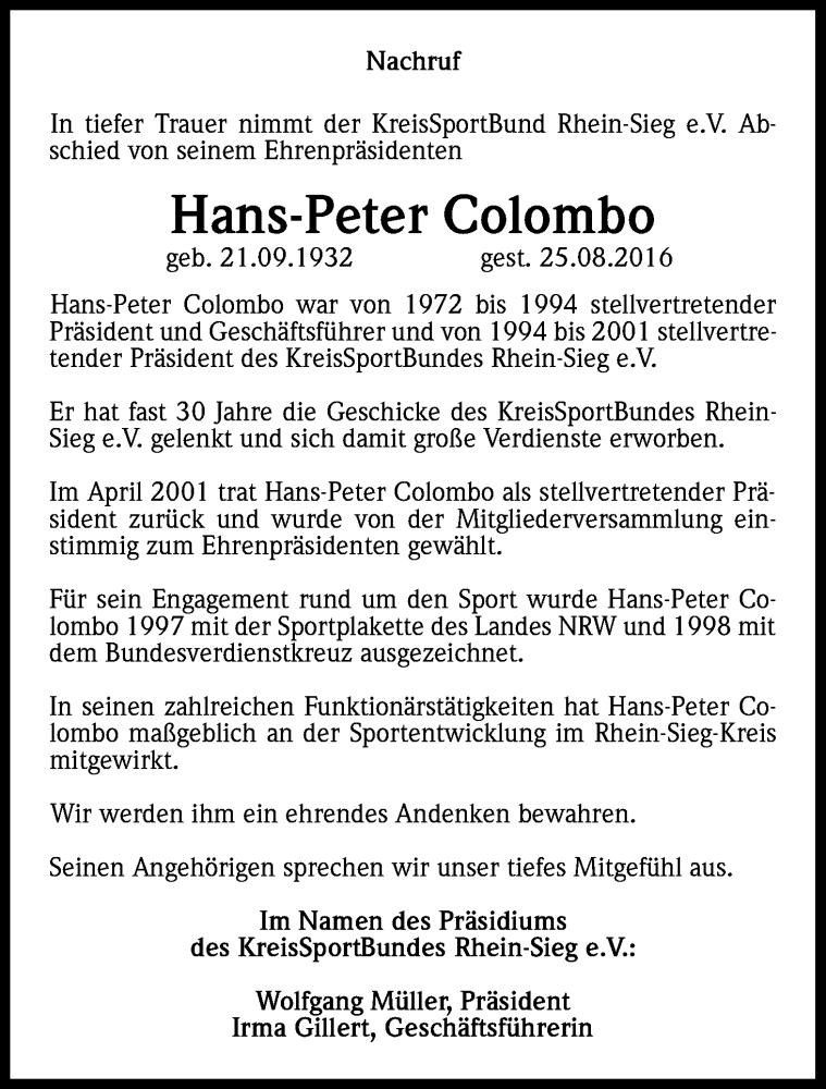  Traueranzeige für Hans-Peter Colombo vom 10.09.2016 aus Kölner Stadt-Anzeiger / Kölnische Rundschau / Express