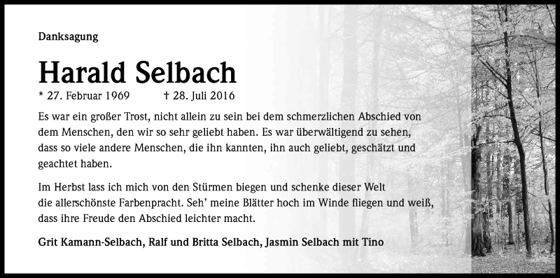  Traueranzeige für Harald Selbach vom 17.09.2016 aus Kölner Stadt-Anzeiger / Kölnische Rundschau / Express