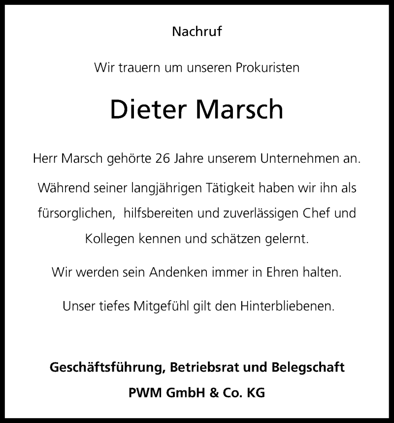  Traueranzeige für Dieter Marsch vom 17.09.2016 aus Kölner Stadt-Anzeiger / Kölnische Rundschau / Express