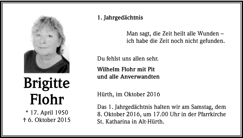  Traueranzeige für Brigitte Flohr vom 01.10.2016 aus Kölner Stadt-Anzeiger / Kölnische Rundschau / Express