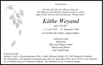Anzeige von Käthe Weyand von Kölner Stadt-Anzeiger / Kölnische Rundschau / Express