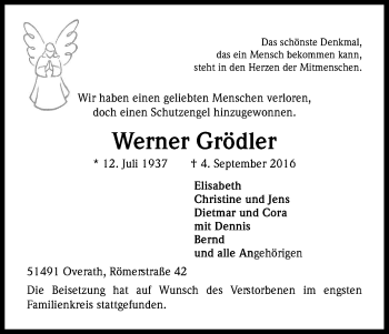 Anzeige von Werner Grödler von Kölner Stadt-Anzeiger / Kölnische Rundschau / Express