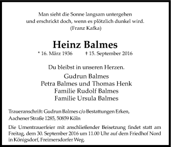 Anzeige von Heinz Balmes von Kölner Stadt-Anzeiger / Kölnische Rundschau / Express