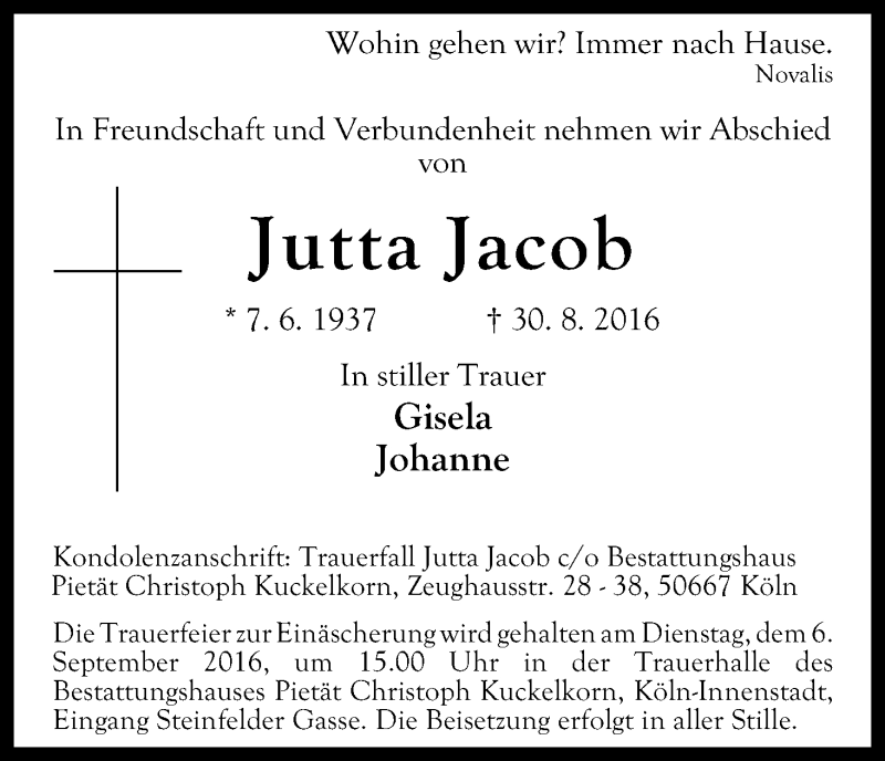  Traueranzeige für Jutta Jacob vom 02.09.2016 aus Kölner Stadt-Anzeiger / Kölnische Rundschau / Express