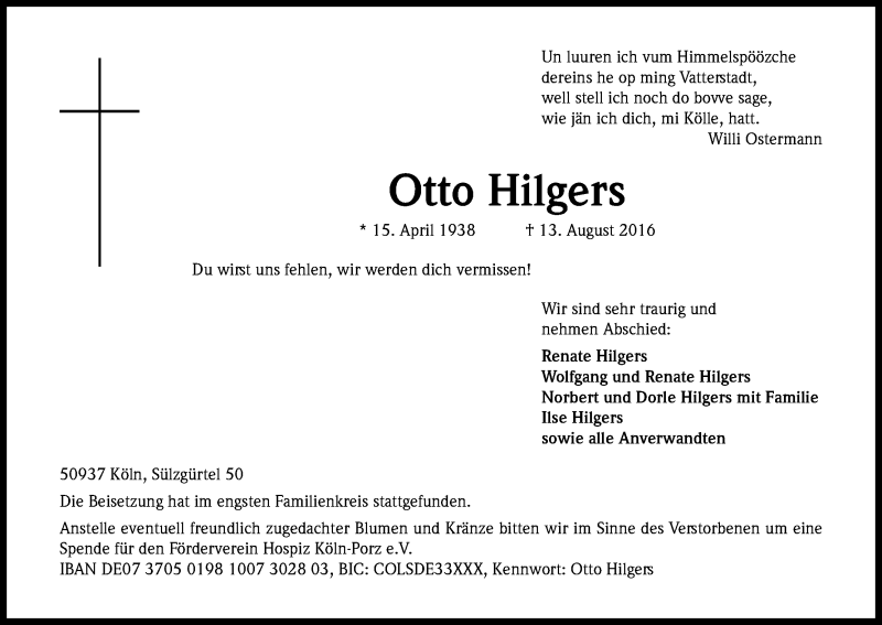  Traueranzeige für Otto Hilgers vom 10.09.2016 aus Kölner Stadt-Anzeiger / Kölnische Rundschau / Express