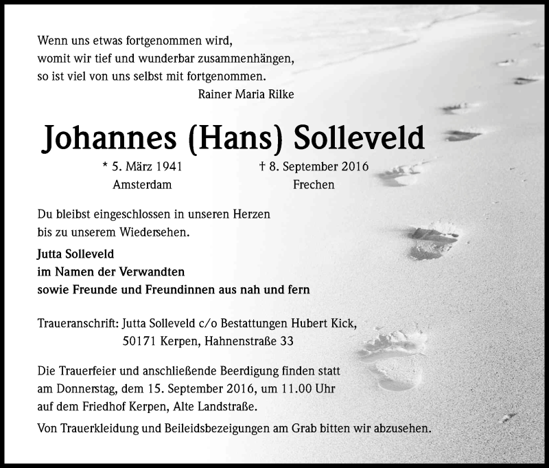  Traueranzeige für Johannes Solleveld vom 13.09.2016 aus Kölner Stadt-Anzeiger / Kölnische Rundschau / Express