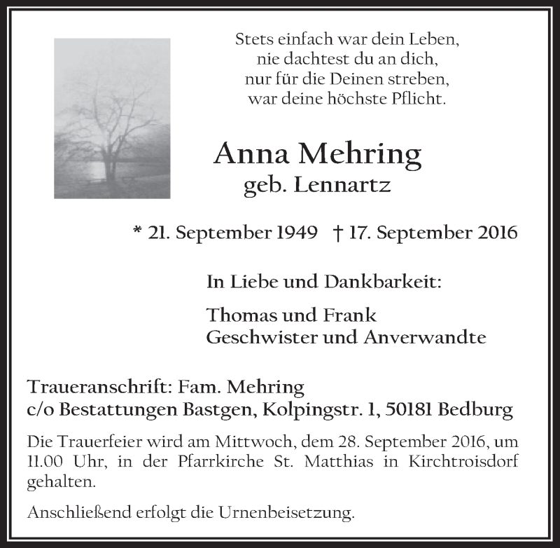  Traueranzeige für Anna Mehring vom 24.09.2016 aus  Sonntags-Post 