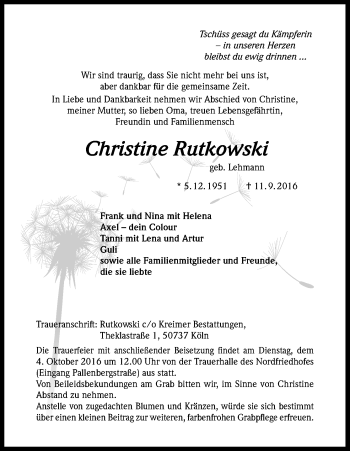 Anzeige von Christine Rutkoiski von Kölner Stadt-Anzeiger / Kölnische Rundschau / Express