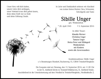 Anzeige von Sibille Unger von Kölner Stadt-Anzeiger / Kölnische Rundschau / Express