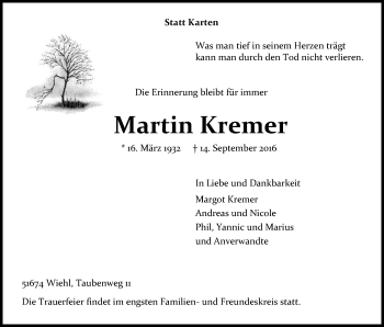 Anzeige von Martin Kremer von Kölner Stadt-Anzeiger / Kölnische Rundschau / Express
