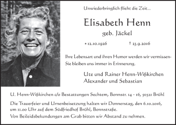 Anzeige von Elisabeth Henn von  Schlossbote/Werbekurier 