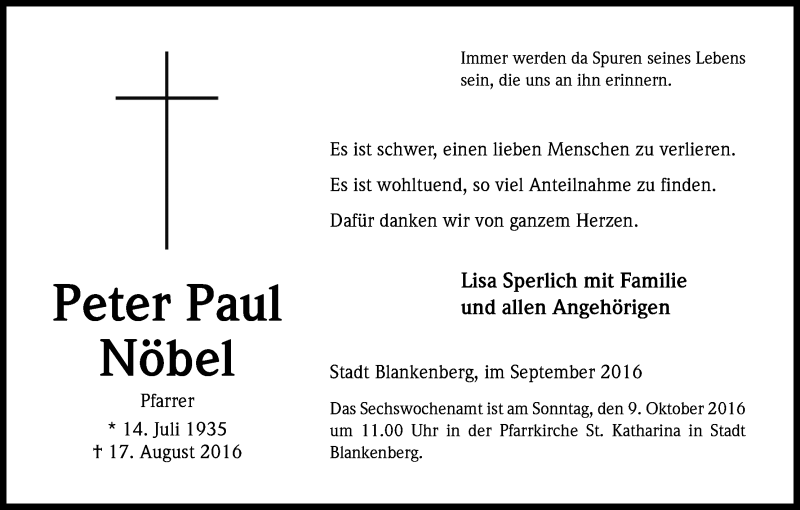  Traueranzeige für Peter Paul Nöbel vom 13.09.2016 aus Kölner Stadt-Anzeiger / Kölnische Rundschau / Express