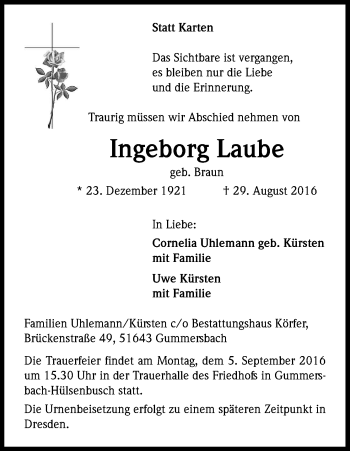 Anzeige von Ingeborg Laube von Kölner Stadt-Anzeiger / Kölnische Rundschau / Express