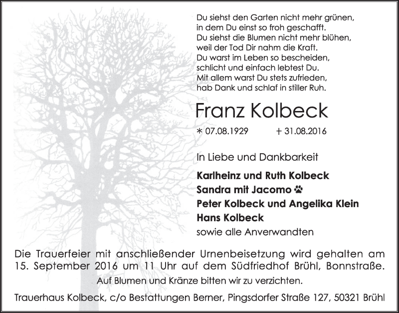  Traueranzeige für Franz Kohlbeck vom 07.09.2016 aus  Schlossbote/Werbekurier 