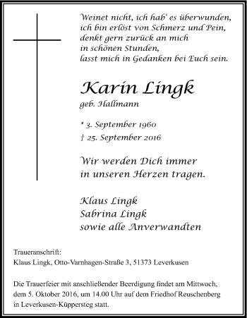 Anzeige von Karin Lingk von Kölner Stadt-Anzeiger / Kölnische Rundschau / Express