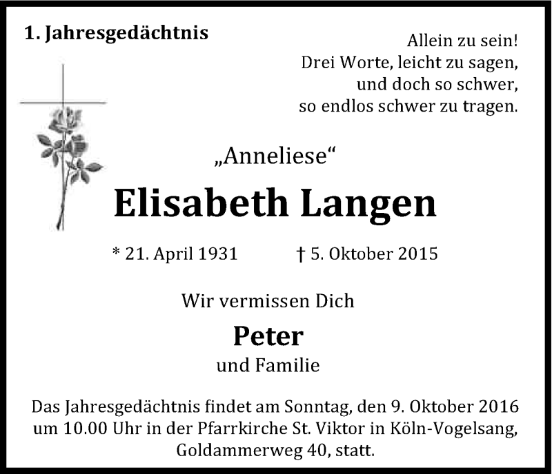  Traueranzeige für Elisabeth Langen vom 01.10.2016 aus Kölner Stadt-Anzeiger / Kölnische Rundschau / Express