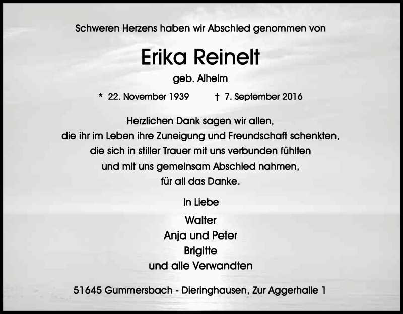  Traueranzeige für Erika Reinelt vom 23.09.2016 aus Kölner Stadt-Anzeiger / Kölnische Rundschau / Express