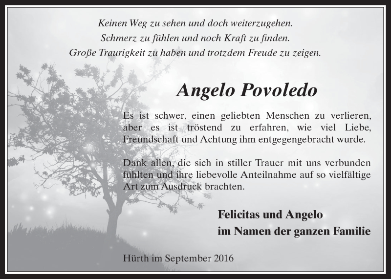  Traueranzeige für Angelo Povoledo vom 14.09.2016 aus  Wochenende 