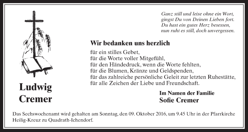  Traueranzeige für Ludwig Cremer vom 28.09.2016 aus  Werbepost 