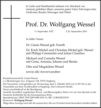 Anzeige von Wolfgang Wessel von Kölner Stadt-Anzeiger / Kölnische Rundschau / Express