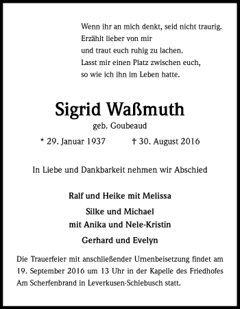 Anzeige von Sigrid Waßmuth von Kölner Stadt-Anzeiger / Kölnische Rundschau / Express