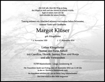 Anzeige von Margot Klüser von Kölner Stadt-Anzeiger / Kölnische Rundschau / Express