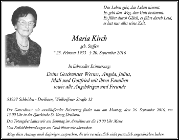 Anzeige von Maria Kirch von Kölner Stadt-Anzeiger / Kölnische Rundschau / Express