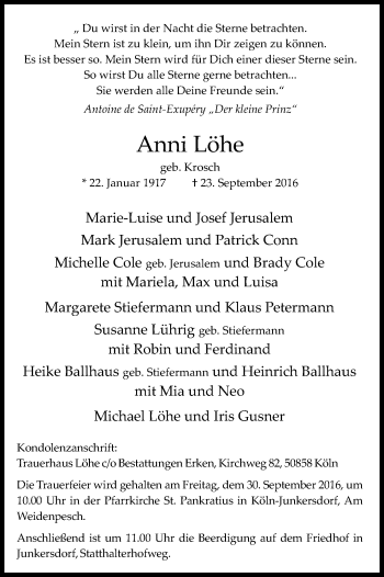 Anzeige von Anni Löhe von Kölner Stadt-Anzeiger / Kölnische Rundschau / Express