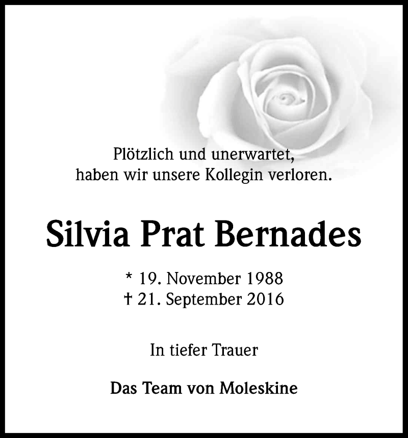  Traueranzeige für Silvia Prat Bernades vom 24.09.2016 aus Kölner Stadt-Anzeiger / Kölnische Rundschau / Express