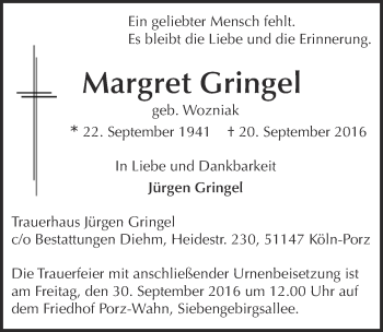 Anzeige von Margret Gringel von  Kölner Wochenspiegel 