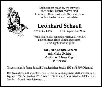 Anzeige von Leonhard Schaell von Kölner Stadt-Anzeiger / Kölnische Rundschau / Express