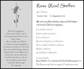Anzeige von Rosa Steffen von Kölner Stadt-Anzeiger / Kölnische Rundschau / Express
