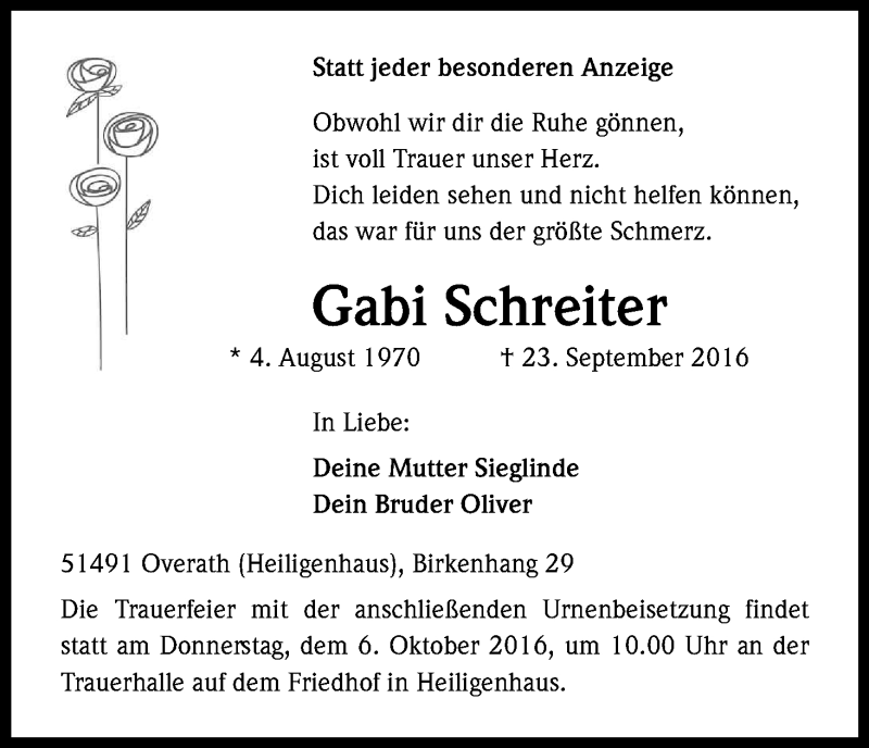  Traueranzeige für Gabi Schreiter vom 01.10.2016 aus Kölner Stadt-Anzeiger / Kölnische Rundschau / Express