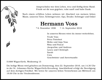 Anzeige von Hermann Voss von Kölner Stadt-Anzeiger / Kölnische Rundschau / Express