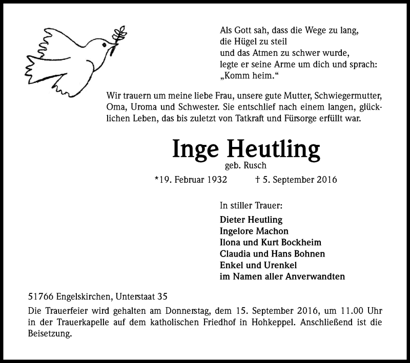  Traueranzeige für Inge Heutling vom 07.09.2016 aus Kölner Stadt-Anzeiger / Kölnische Rundschau / Express