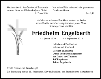 Anzeige von Friedhelm Engelberth von Kölner Stadt-Anzeiger / Kölnische Rundschau / Express