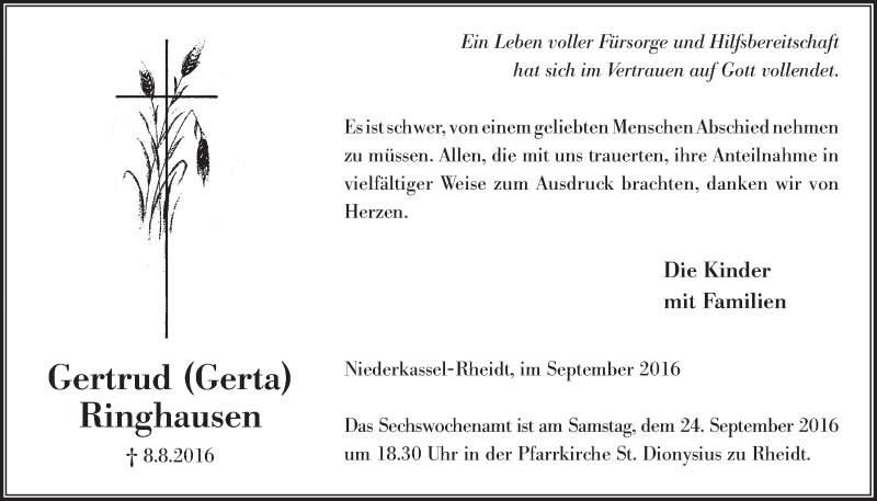  Traueranzeige für Gertrud Ringhausen vom 14.09.2016 aus  Extra Blatt 